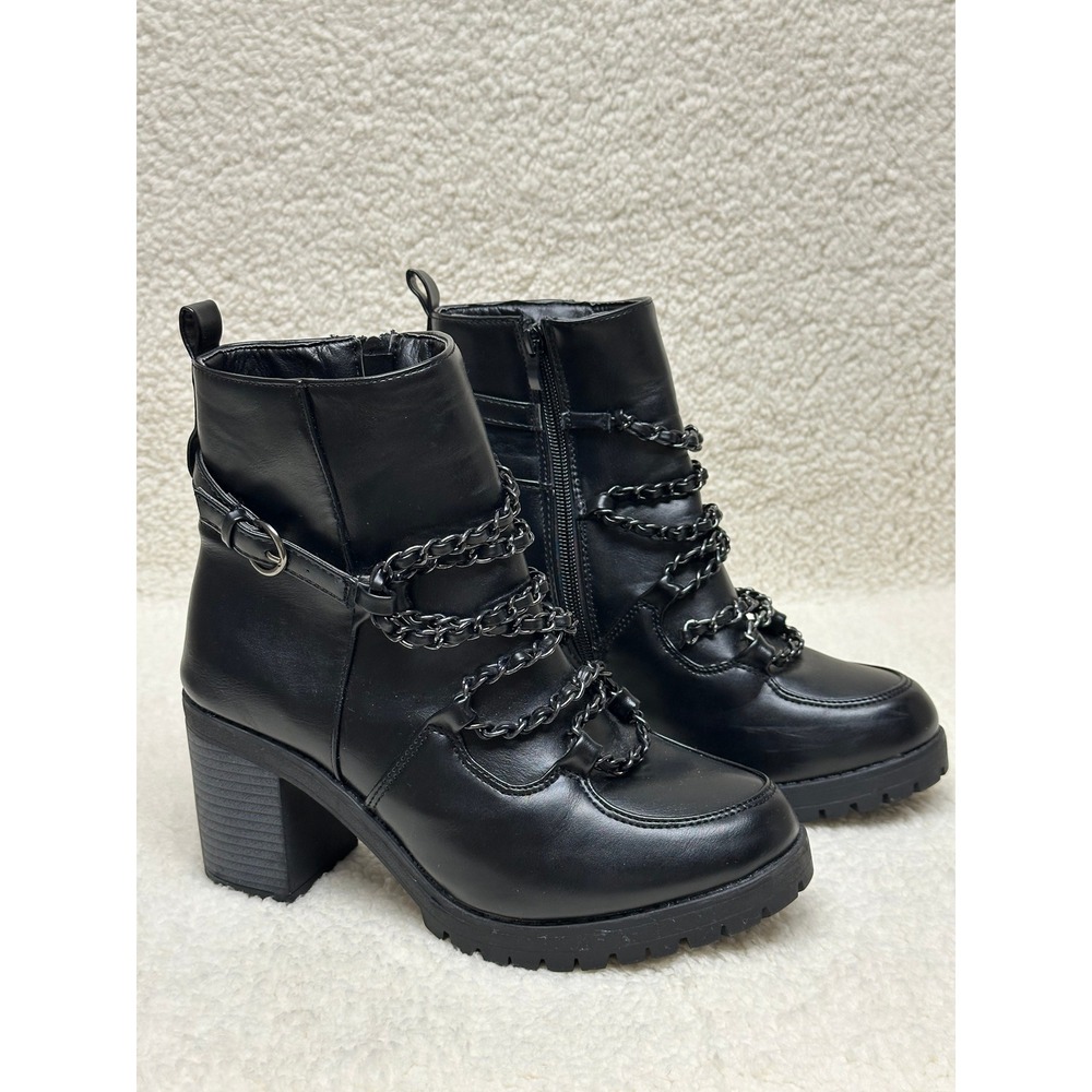 Olivia + Kate Chain Wrap 8.5M Boots Black Chunky Heel Lug Sole Goth Punk Booties